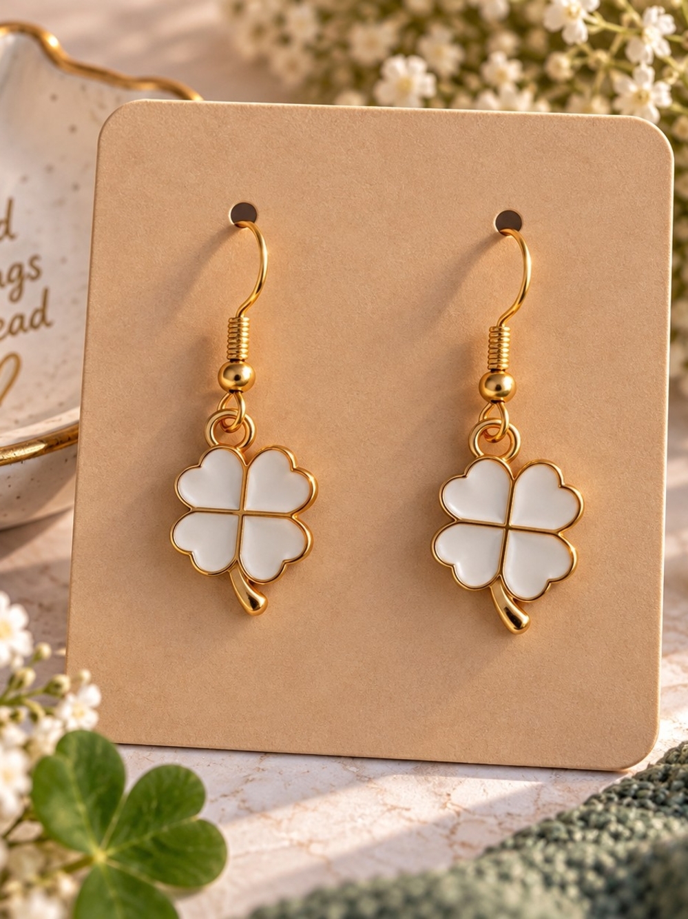 Popular White Four Leaf Clover Design Dangle Earrings – Gold Tone New